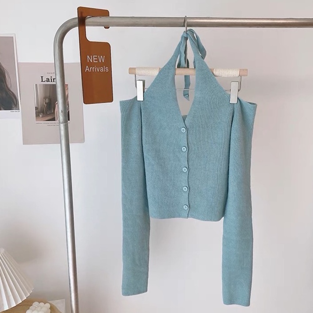 Kfashion Kpop Y2K Dusty Blue Halter Off Shoulder Winter Knitted Cardigan Top